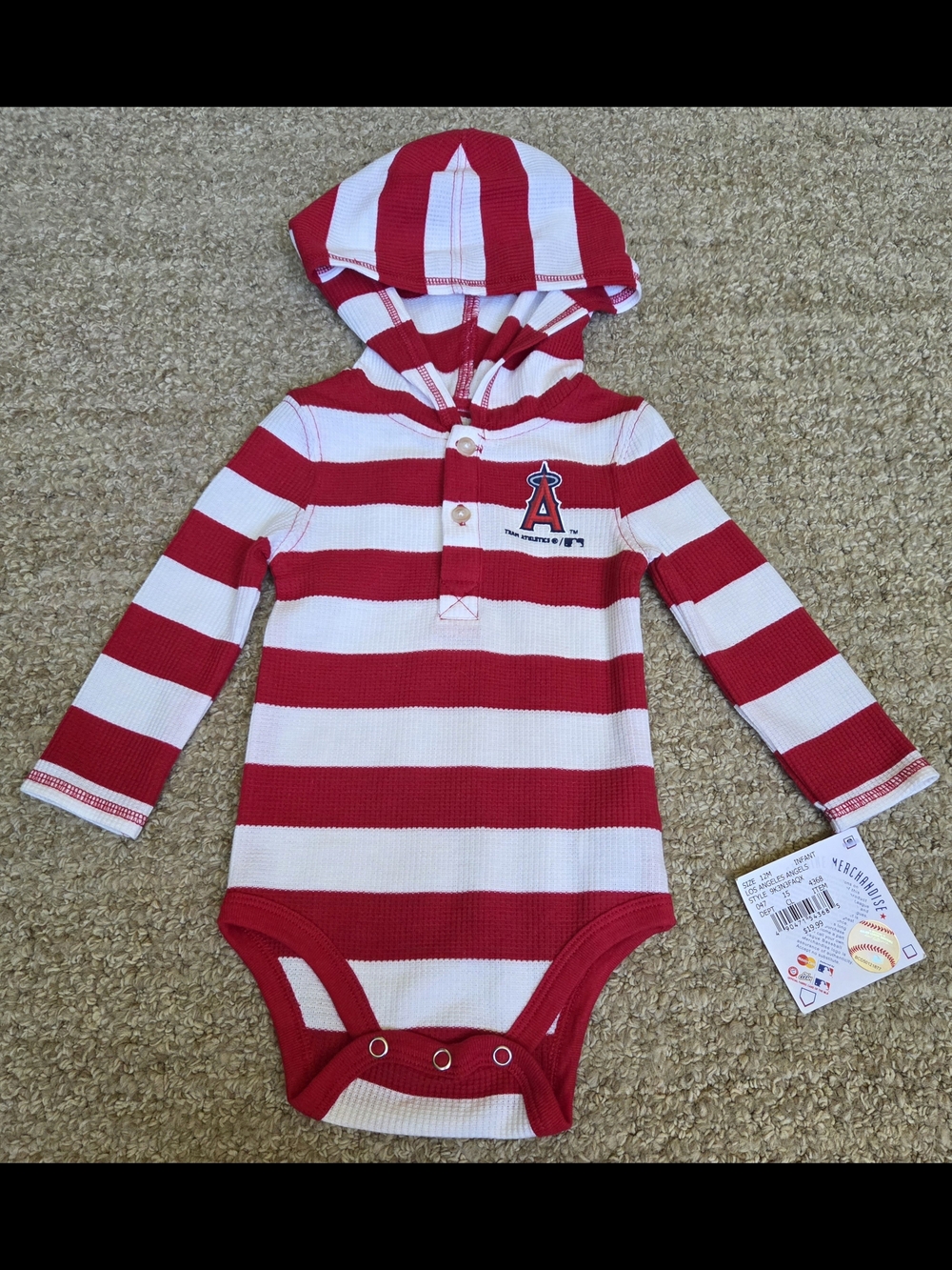 Los Angeles Angels MLB Infant Baby Onesie Red/White Striped Long Sleeve Hoddie